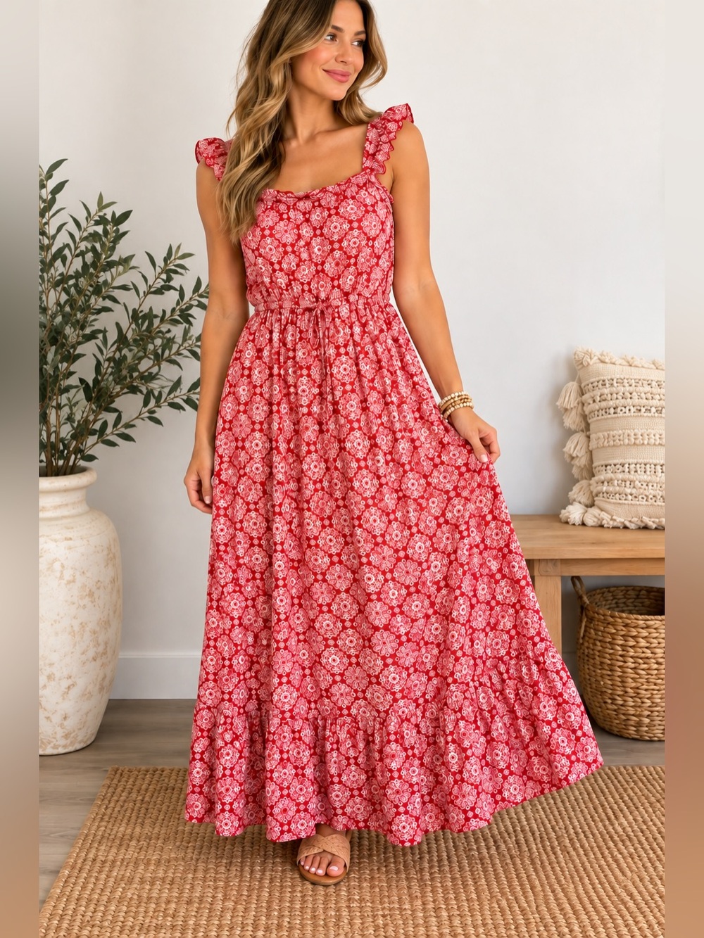 Luxology M Red Floral Ruffle Strap Boho Maxi Dress